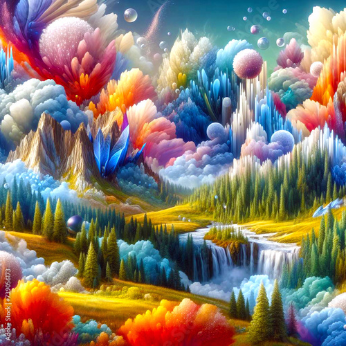 Fantasy landscape with a waterfall. 3D illustration. Computer graphics.