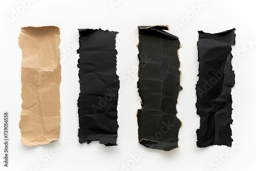four pieces of torn brown paper on white background vintage