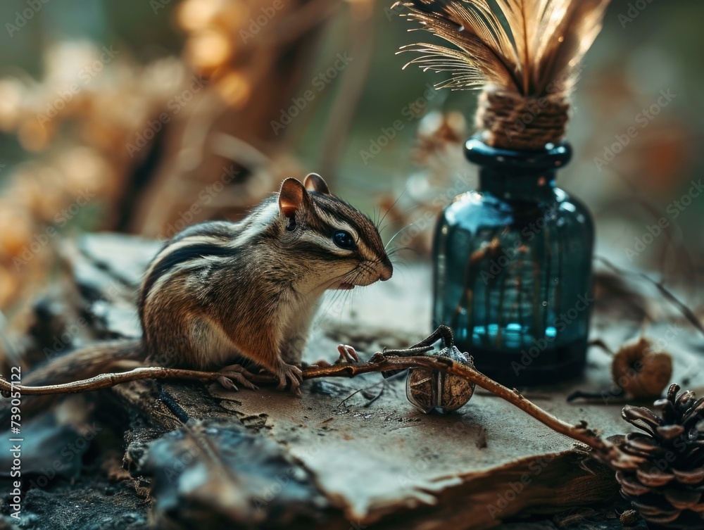 A cute chipmunk perched on a wooden log, holding a tiny blue bottle with its paws. Generative AI.