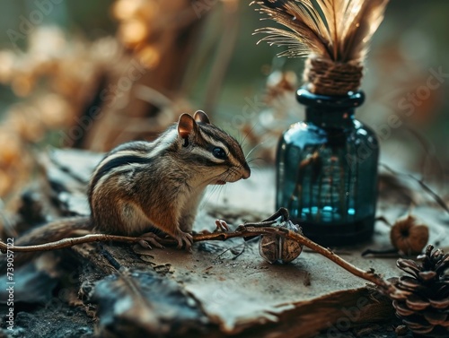 A cute chipmunk perched on a wooden log, holding a tiny blue bottle with its paws. Generative AI.