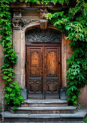 Photo of a beautiful old wooden door in the city