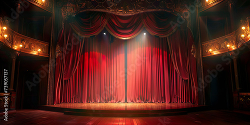 Theater stage with red curtains and spotlights.
