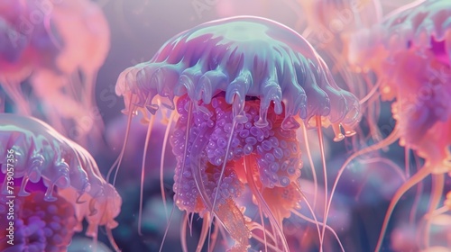 Graceful Drifters, Exploring the Ethereal Beauty of Jellyfish in the Deep Ocean. photo