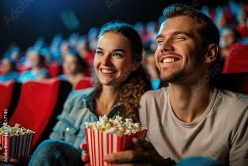 A young joyful couple with popcorn in the cinema, watching an exciting movie