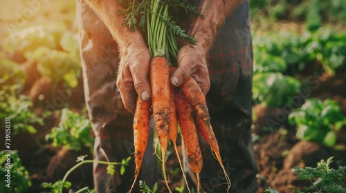 Farmer shows freshly harvested carrots in the garden. photo
