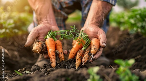 Close-up of farmer's hands holding fresh carrots in the garden.