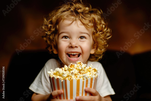 A young joyful kid with popcorn in the cinema, watching an exciting movie