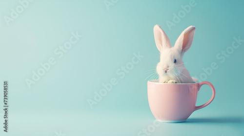 A cute easter bunny rabbit inside a small cup with copy space