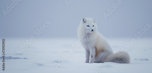 Against the vast expanse of Svalbard's winter terrain, a majestic polar fox rests gracefully in the snow, its fur adorned with delicate frost crystals, embodying the tranquility of the Arctic wilderne