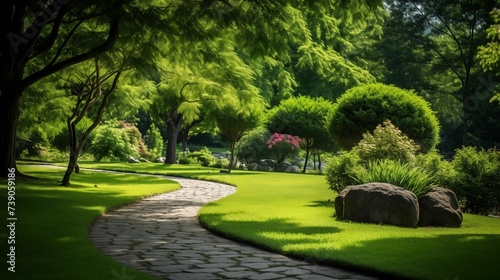 A garden path in a lush green park.