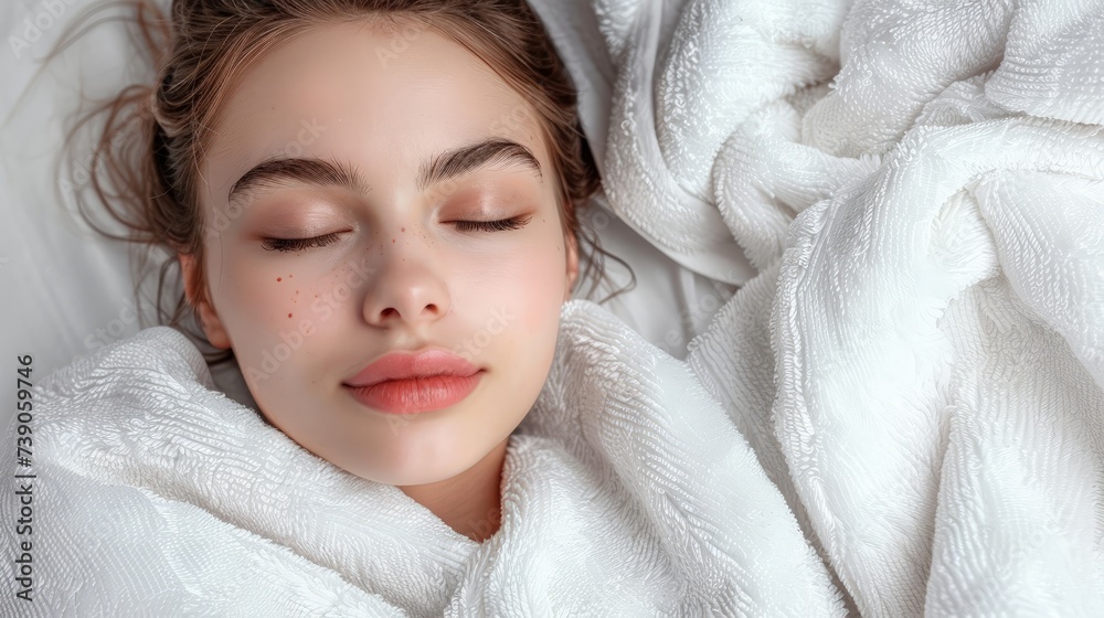 A picture of a young woman resting her head on a towel over white background