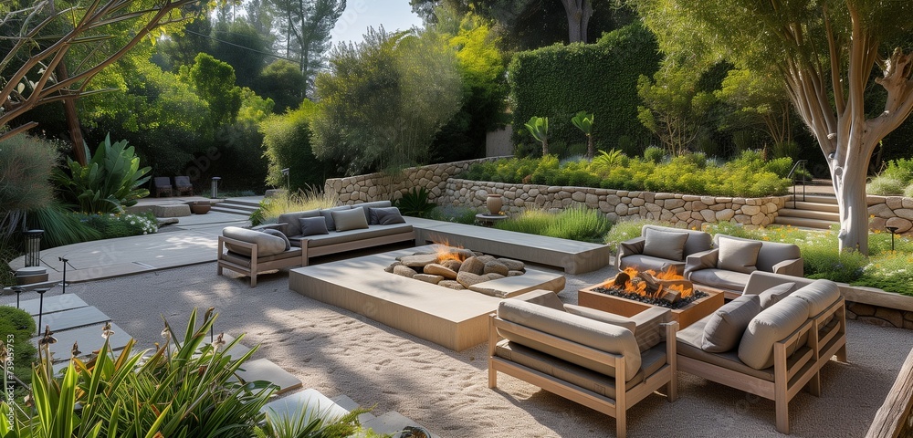 Step into an extraordinary backyard oasis, where an impressive landscape design unfolds with a chic patio area surrounded by lush greenery