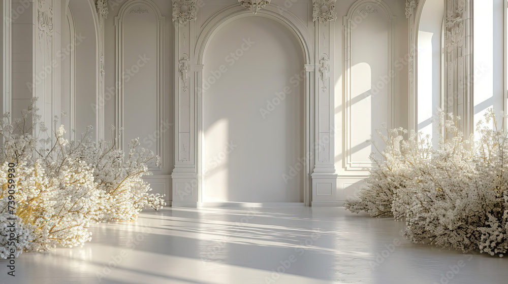 Fototapeta premium Elegance personified: the white arch, a timeless symbol of grace and celebration. Elevate your moments with this iconic touch of refined beauty.
