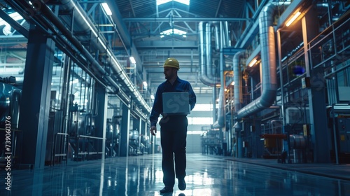 Chief Engineer in the Hard Hat Walks Through Light Modern Factory While Holding Laptop.