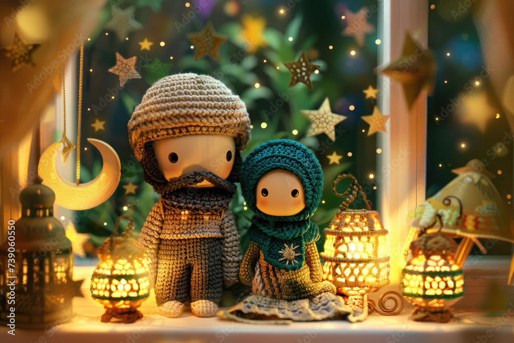 Cute Muslim knitted doll. Ramadan Kareem concept
