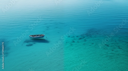 Aerial view of a solitary boat navigating through serene waters. © kept