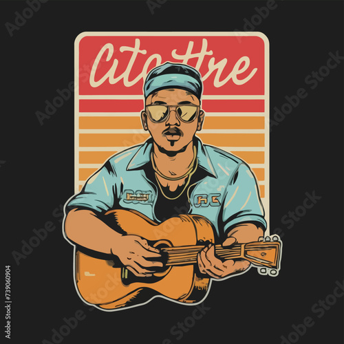 2d vector illustration art  Retro guitar with trees and city on the background  Summer t-shirt design  Custom vector illustration for posters vintage distressed style each design showed in different c
