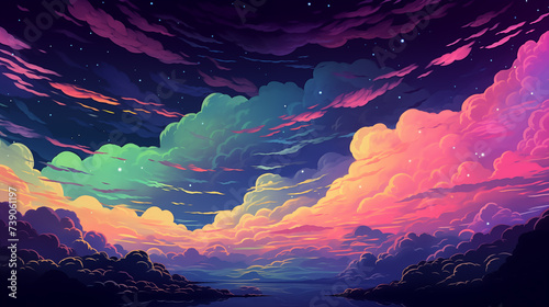 Cartoon illustration of beautiful colorful clouds in the night sky 