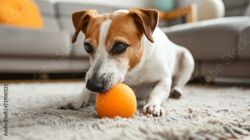 Funny pet dog playing with orange toy ball