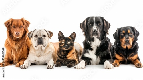 Group of dogs and cats in front of white background