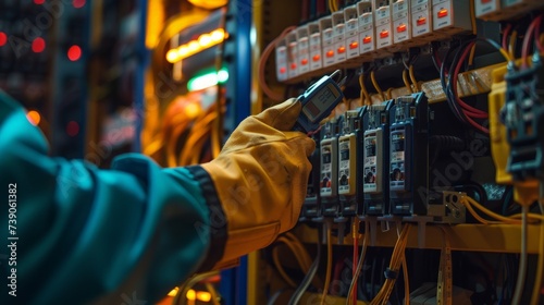 Hand of an electrician with multimeter probe at an electrical switchgear cabinet