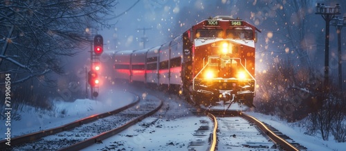 Winter Arrival, Train Approaches a Snow-Covered Station, Painting a Picture of Seasonal Tranquility and Motion