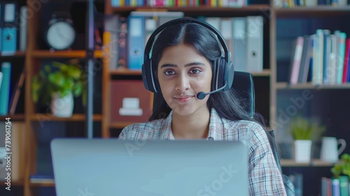 Indian young business woman student teacher tutor wear wireless headset video conference calling on laptop computer talk by webcam learn teach in online chat,