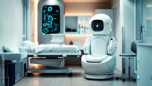A robot, AI, takes care of patients in the hospital room. Using technology for medicine. photo