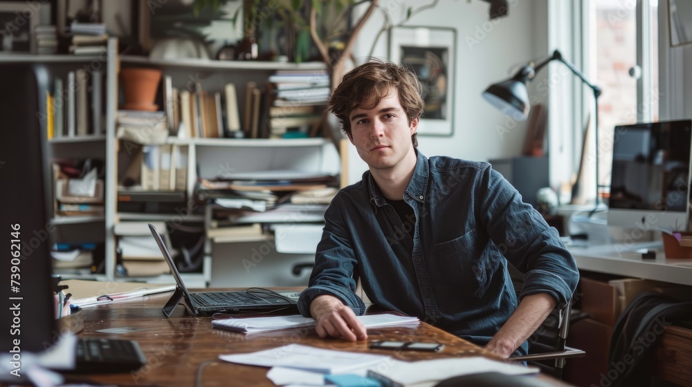 Portrait of young man sitting at his desk in the office