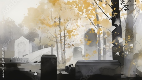 Landscape illustration - autumn in a cemetery