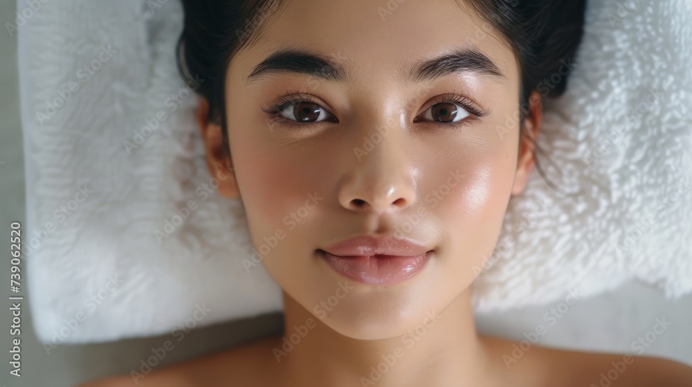 Spa beauty skin treatment woman on white towel. Gorgeous beautiful multiracial Caucasian / Asian female model with perfect skin lying on towel. Spa beauty skin treatment woman on white towel. Gorgeous beautiful multiracial Caucasian / Asian female model with perfect skin lying on towel.