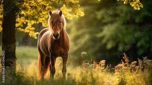 Brown horse in forest.