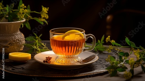 Cup of herbal tea with lemon on a glass saucer.