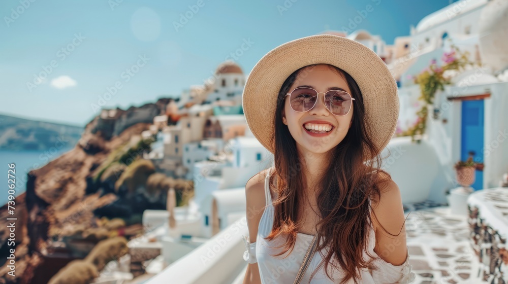 Travel Europe summer holiday girl enjoying Oia, Santorini Greece cruise vacation. Sun getaway Asian woman smiling in hat and sunglasses