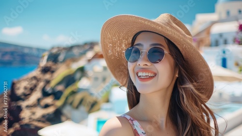 Travel Europe summer holiday girl enjoying Oia, Santorini Greece cruise vacation. Sun getaway Asian woman smiling in hat and sunglasses © chanidapa