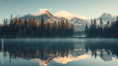 Reflection of mountain and pine trees background © Natalina