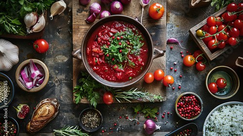 Immerse yourself in the taste of Russian borscht — the harmony of fresh vegetables, fragrant meat and rich broth. photo