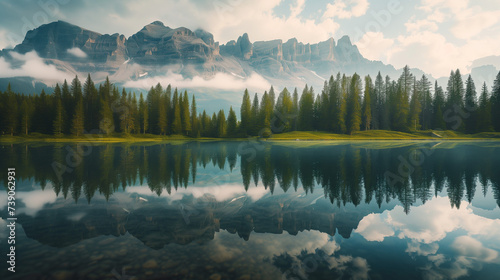 Reflection of mountain and pine trees background