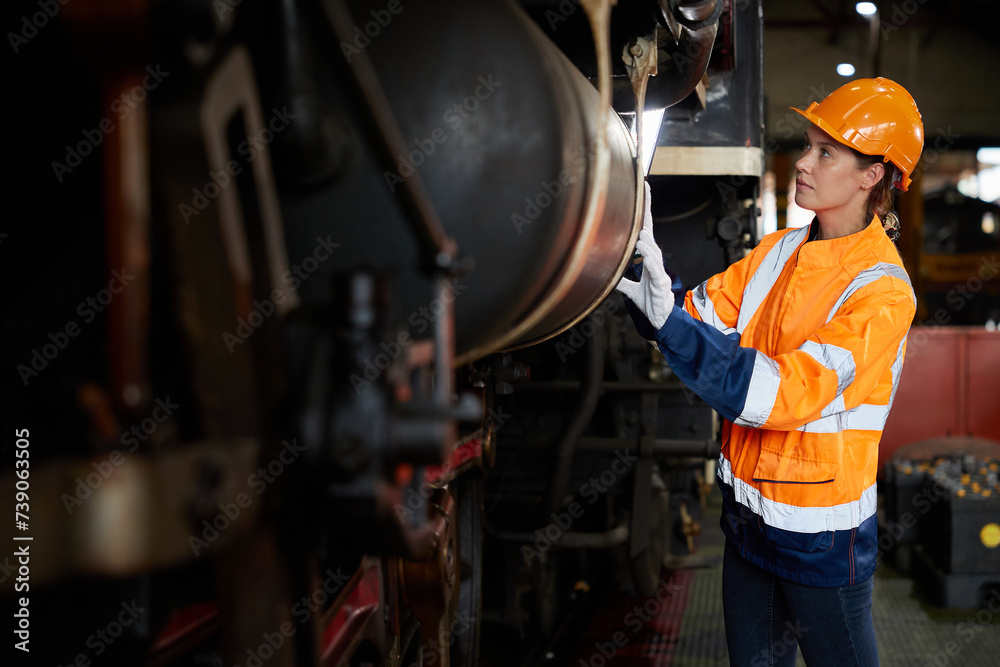 engineer or technician using light stick and checking construction train at station engineer or technician using light stick and checking construction train at station