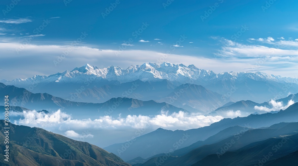 Majestic Snow-Capped Mountains, Towering Peaks Shrouded in Clouds, Evoking a Sense of Grandeur and Serenity.