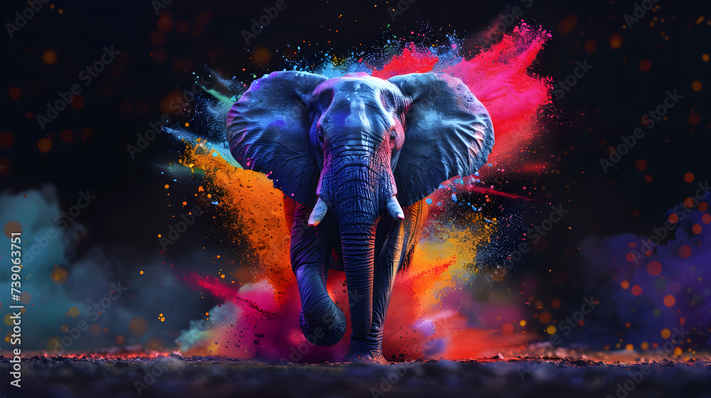 Elephant On Colorful Splashes, Diwali, Religious Animal, Jungle Animal, Diwali Concept, Generative Ai