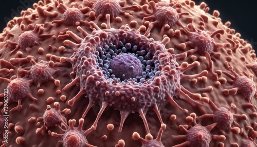  Microscopic view of a cancer cell with a nucleus, illustrating cellular biology and disease