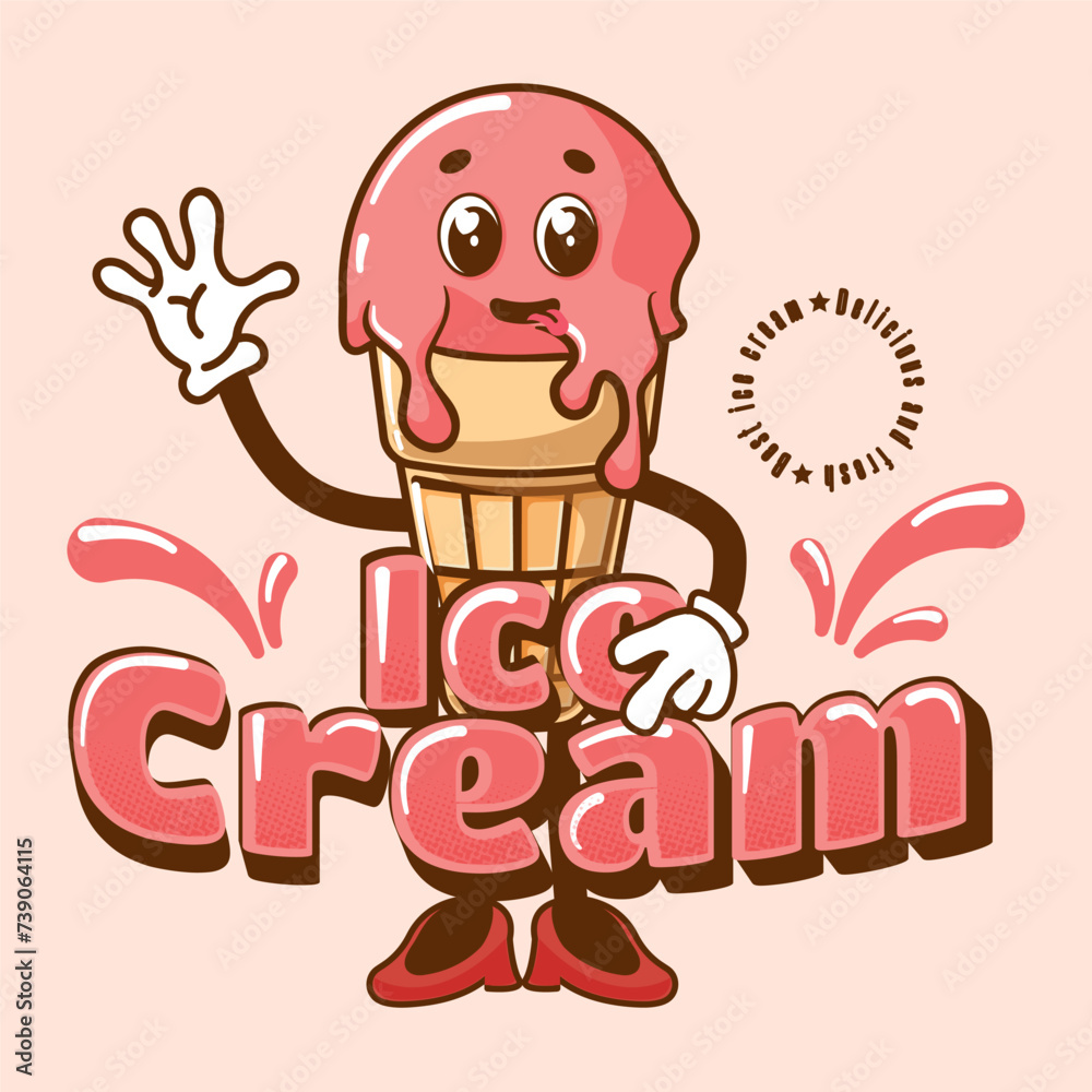 Fototapeta premium Retro mascots in cartoon style. Funny ice cream dessert in retro style. Logo Mascot. Vector illustration