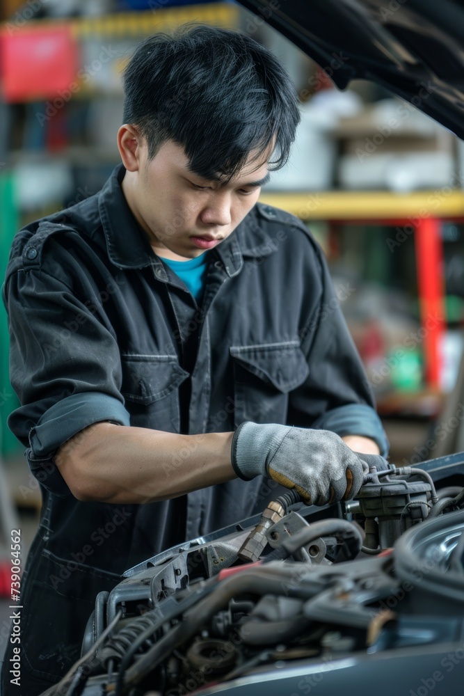Asian mechanic working on car engine in auto repair shop Asian mechanic working on car engine in auto repair shop