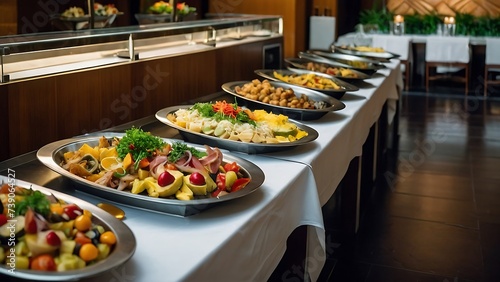 Buffet with a very delicious varieties of barbecue , pastries , desserts, international food
