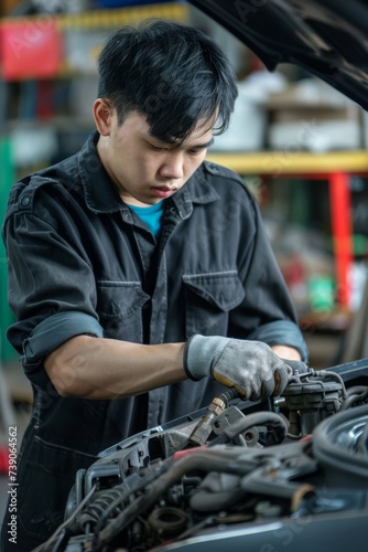 Asian mechanic working on car engine in auto repair shop