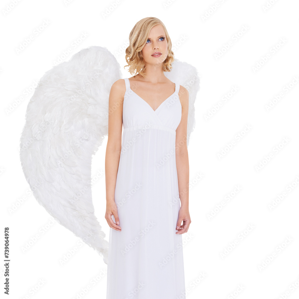 Beauty, thinking and woman with angel wings in heaven isolated on transparent background for religion. Fantasy, holy or faith and confident young model in feather costume for spiritual belief on PNG