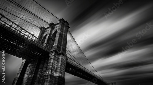 A Dramatic Black and White Shot of a Modern Bridge Against a Backdrop of Clouds, Enshrouded in Nighttime Mystique photo