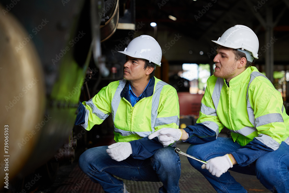 engineers or technicians checking and fixing under train at station