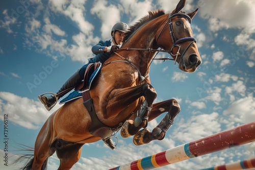 Professional Photography of a Horse and Rider Jumping Over a Series of Colorful Show Jumps, Generative AI